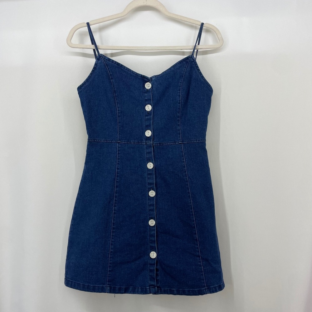 YMHY Size S/M Denim Mini Dress Blue Button Front Spaghetti Strap Sweetheart Y2K